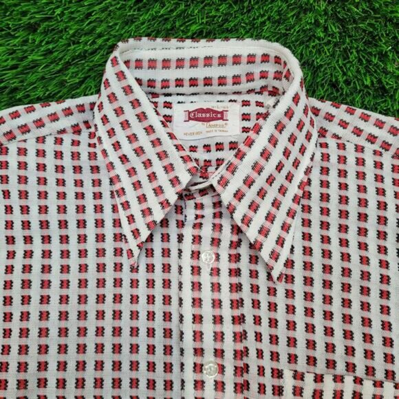 Vintage 70s Campus Dagger Collar Disco Shirt Medium 16 Geometric Print Op Art - Picture 2 of 10